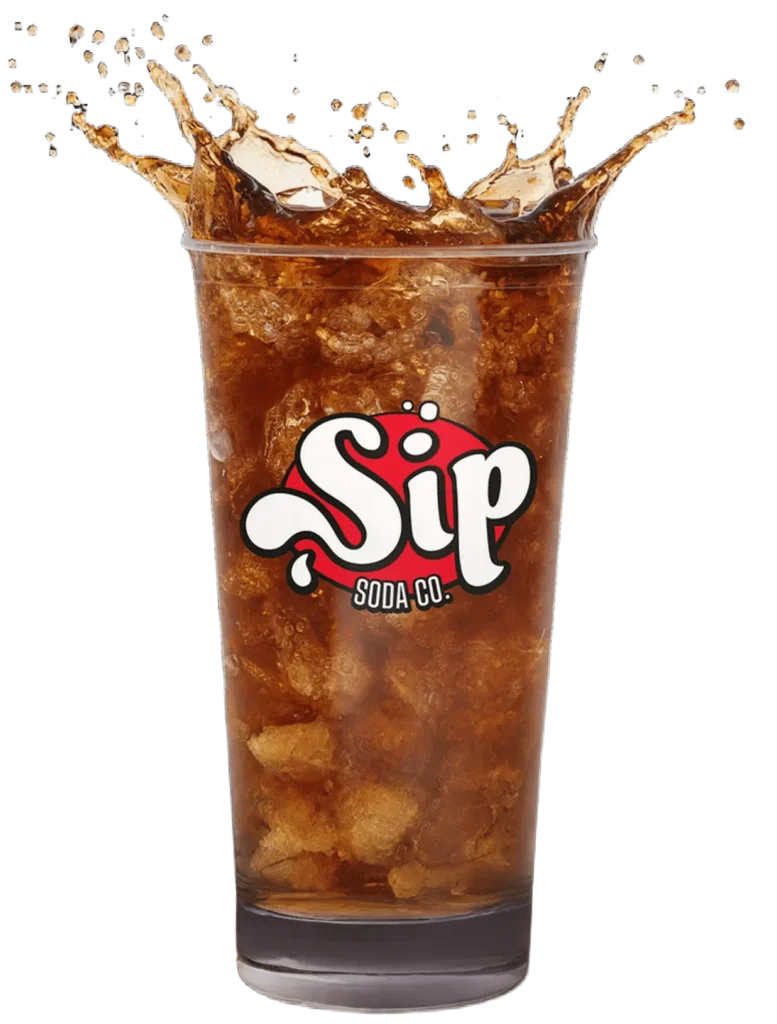 Brown soda in a clear Sip Soda branded cup